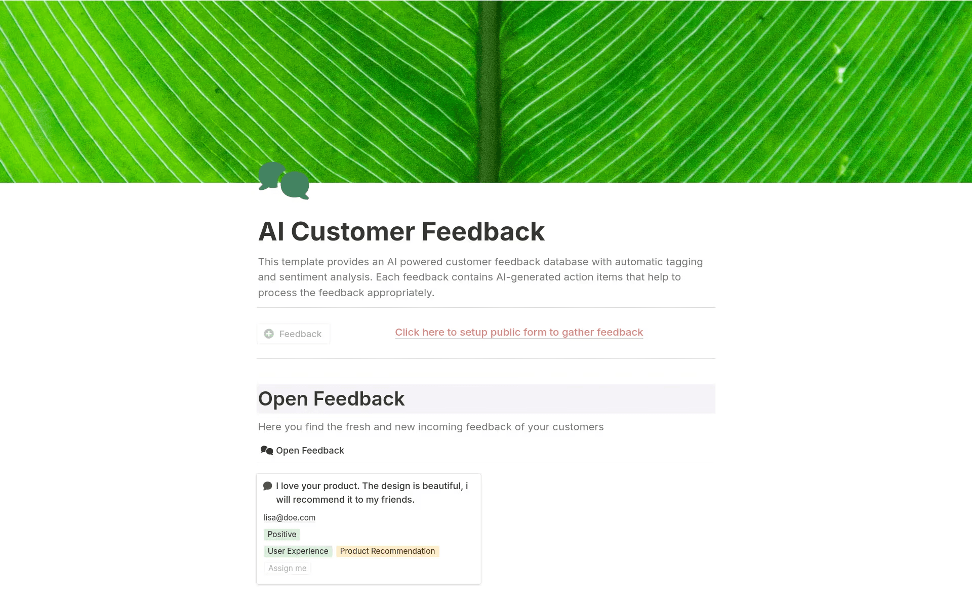 Notion AI’s customer feedback template