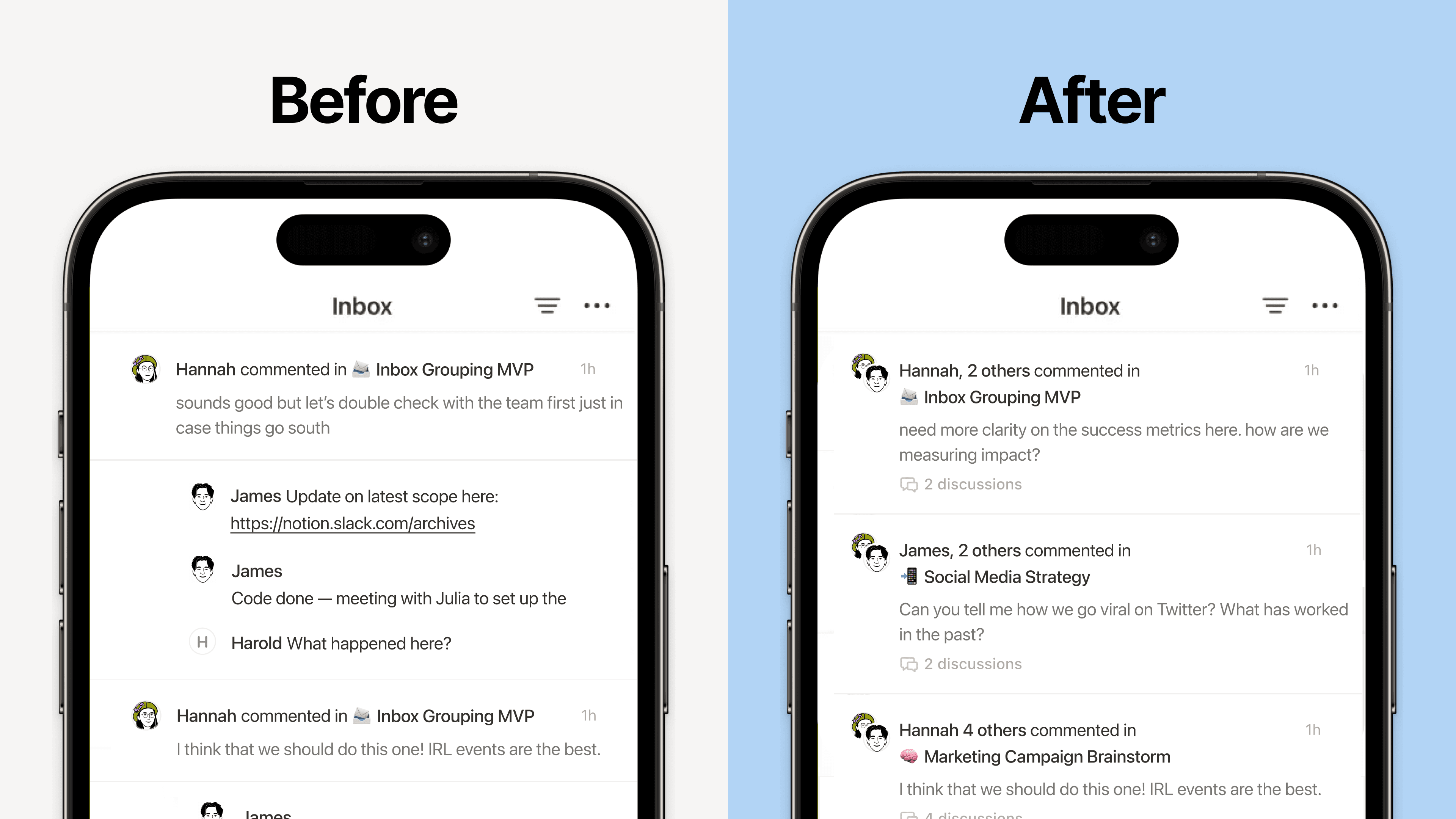 As novas notificações agrupadas na caixa de entrada proporcionam um layout mais compacto e legível. Isso oferece uma visualização mais focada do que precisa de atenção, com acesso rápido aos comentários mais recentes.