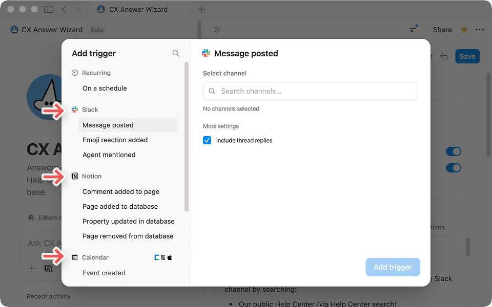Event-based triggers run your agent when specific actions happen.