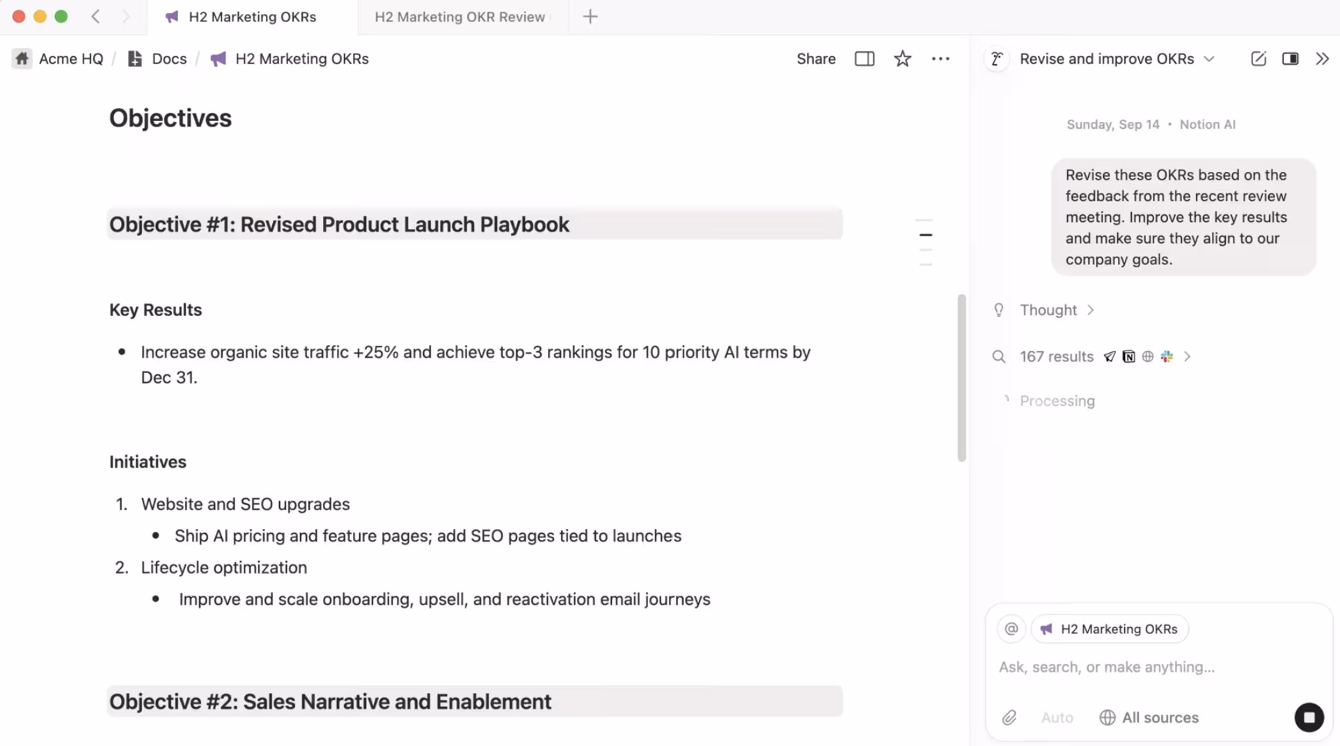 A screenshot of a prompt that asks a Notion AI Agent to revise existing OKRs based on meeting notes