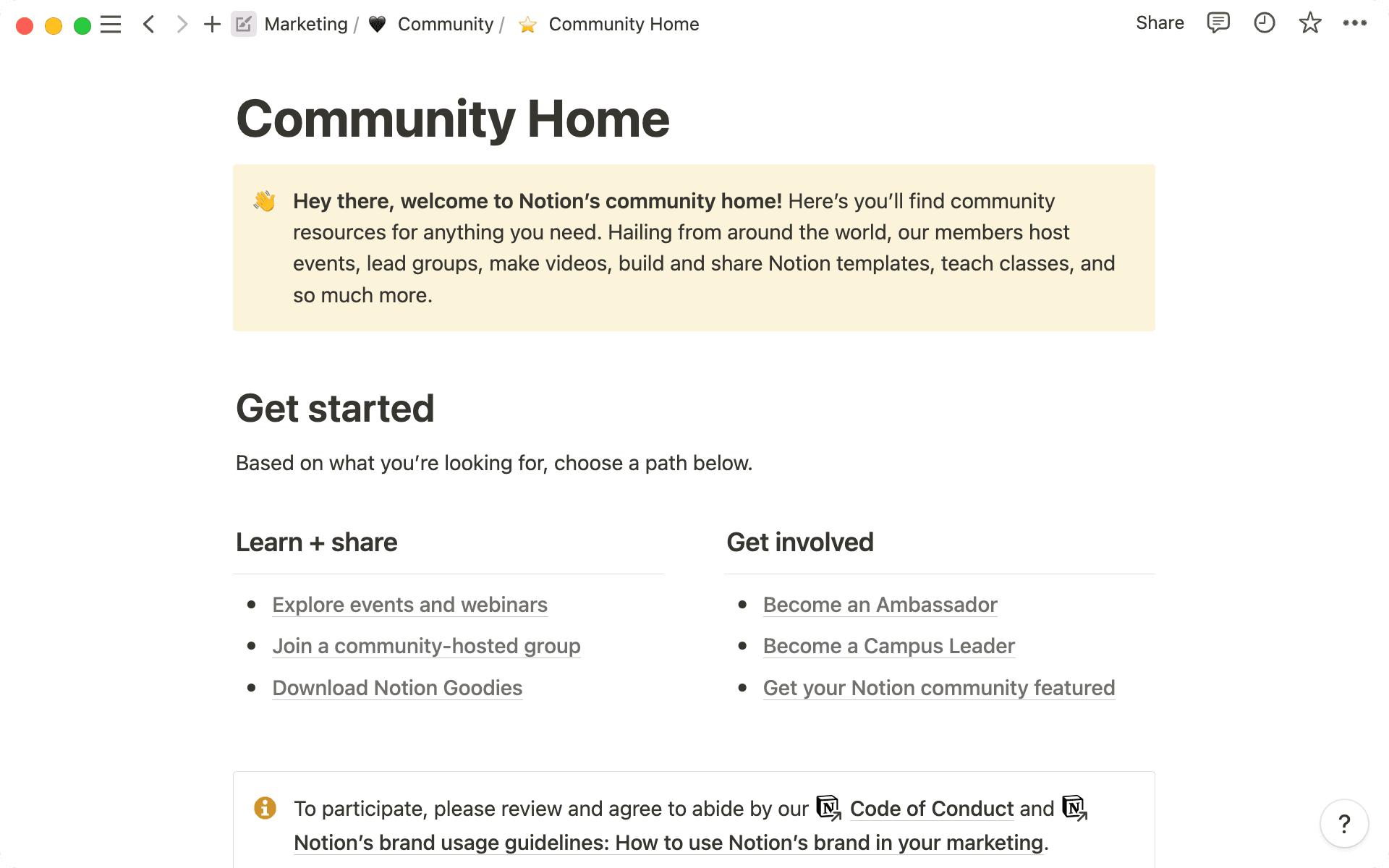 Une page externe qui intègre toutes les ressources importantes pour l’ensemble de la communauté Notion.