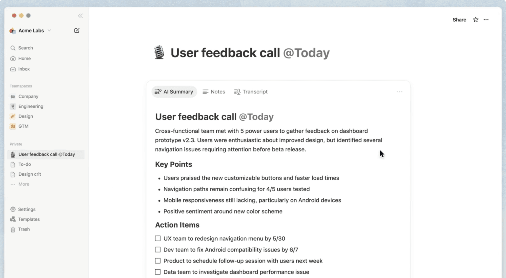 A screenshot of a sample of AI-generated meeting notes in Notion.