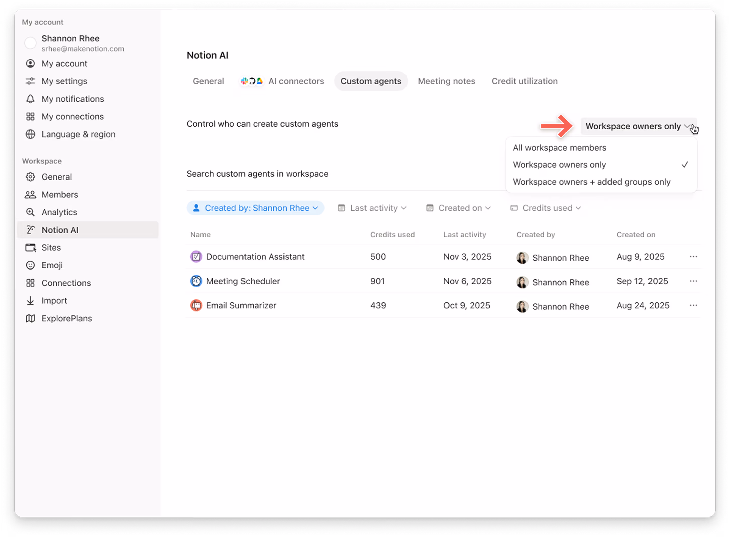 painel de créditos do Notion: quem pode criar agentes