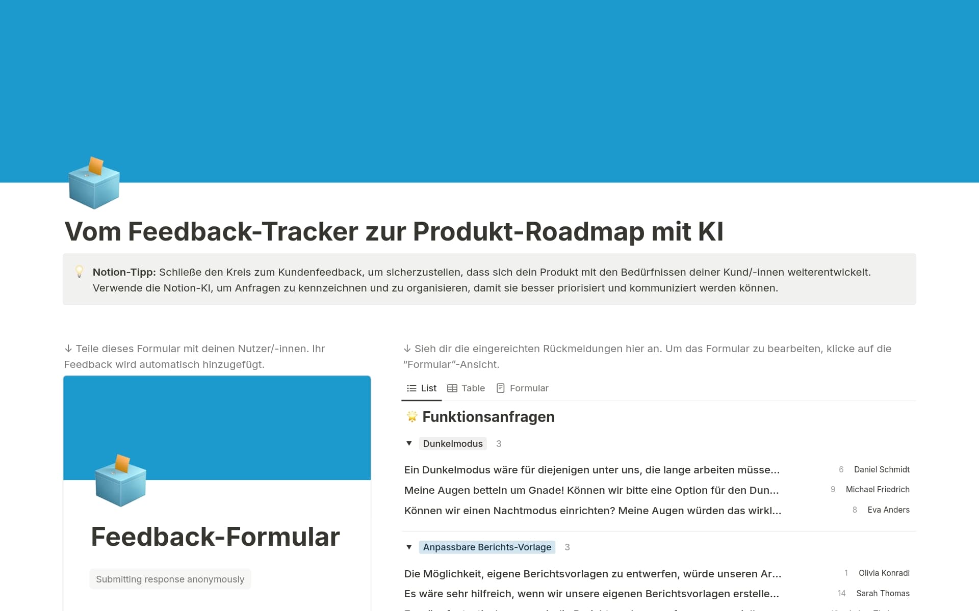 Eine Vorlagenvorschau für Vom Feedback-Tracker zur Produkt-Roadmap